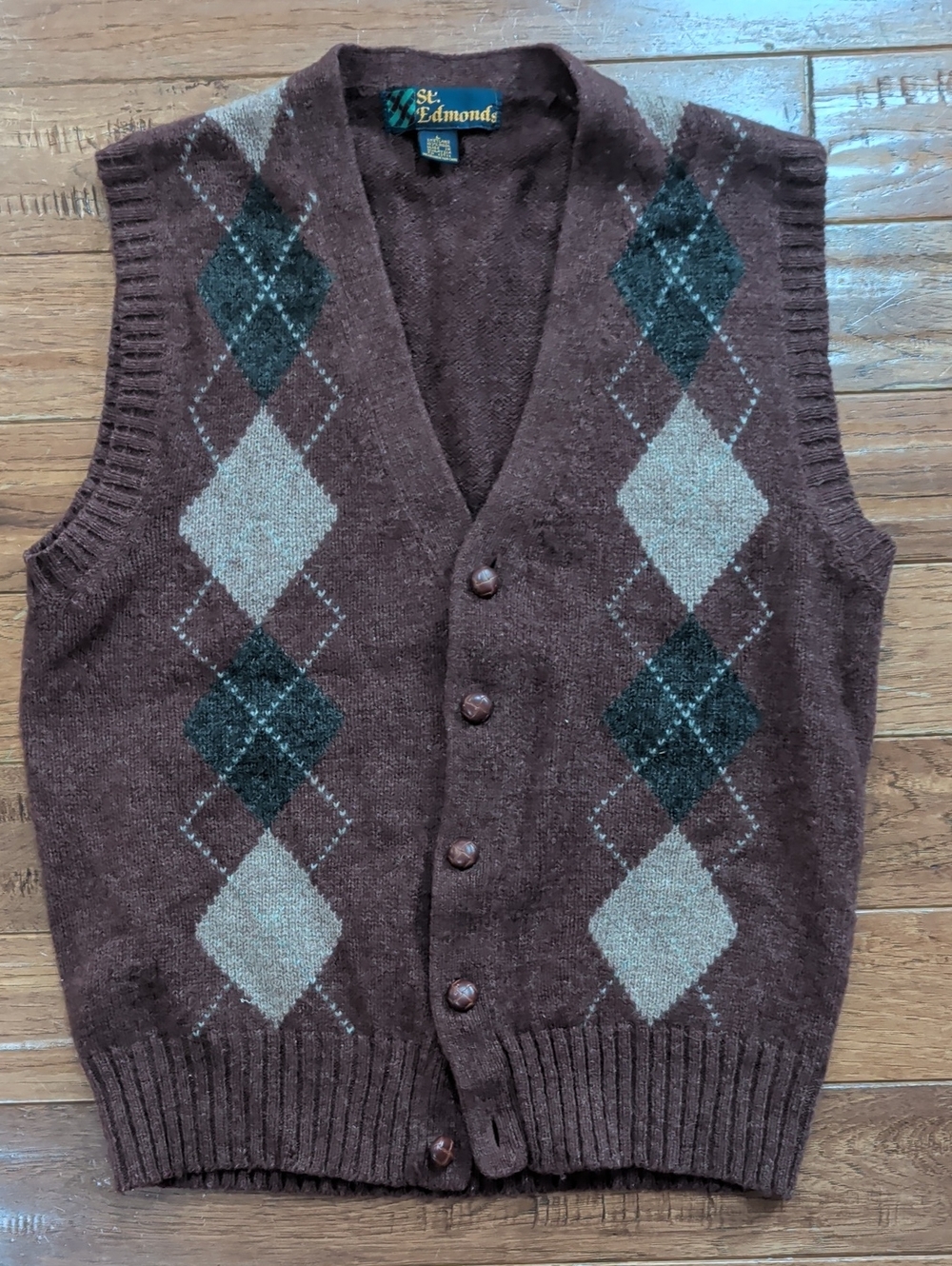 St. Edmonds Shetland Wool Men's Brown Burgundy Argyle Button-Up Sweater Vest
